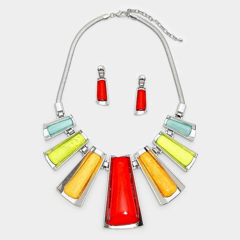 NEW Multi Colorful Epoxy Geo Bar Metal Snake Silver Chain Necklace